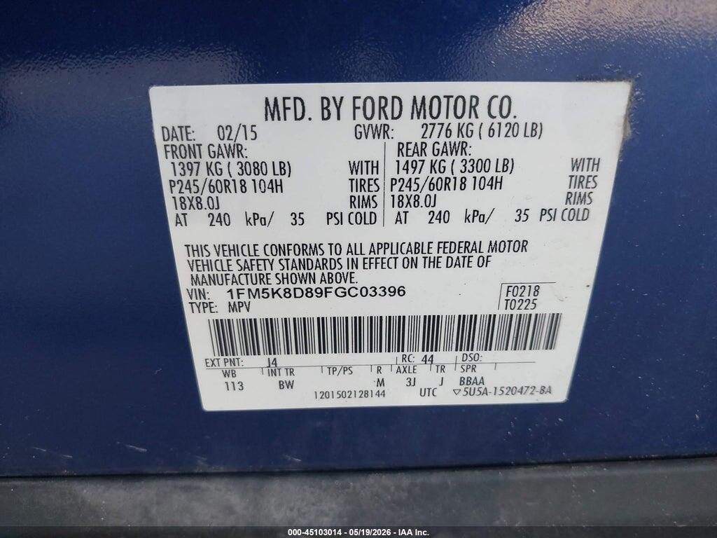 1FM5K8D89FGC03396 2015 FORD EXPLORER photo no. 9