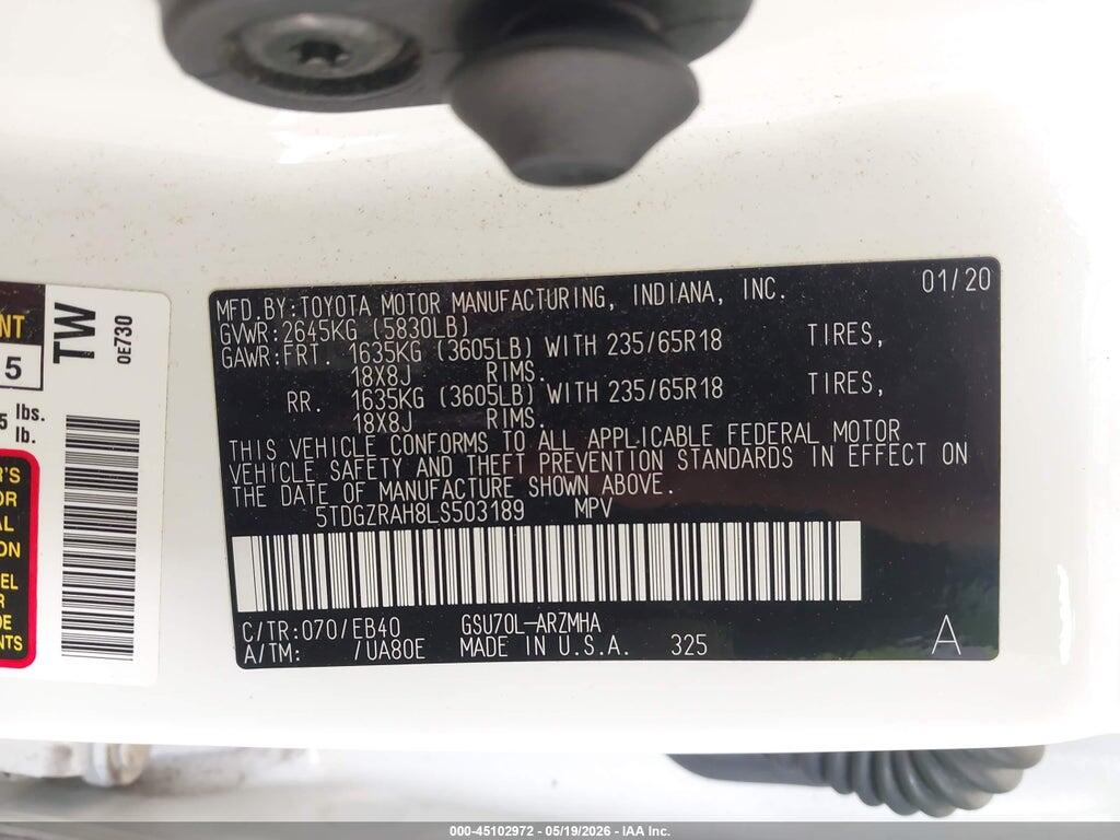 5TDGZRAH8LS503189 2020 TOYOTA HIGHLANDER photo no. 9