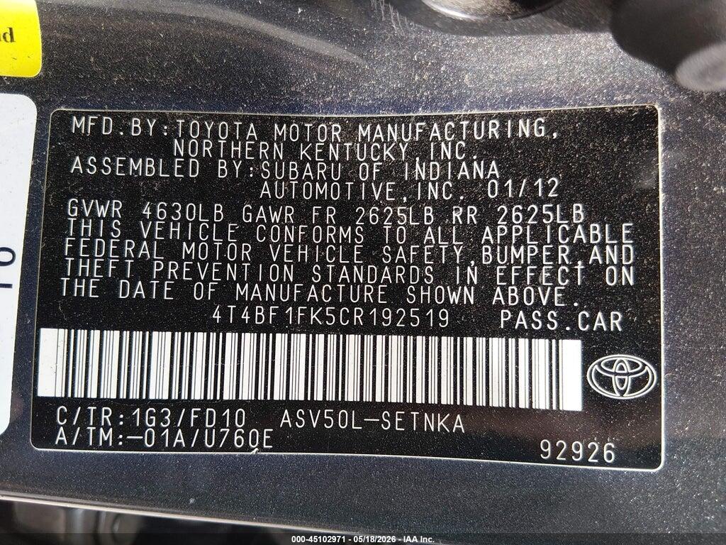 4T4BF1FK5CR192519 2012 TOYOTA CAMRY photo no. 9
