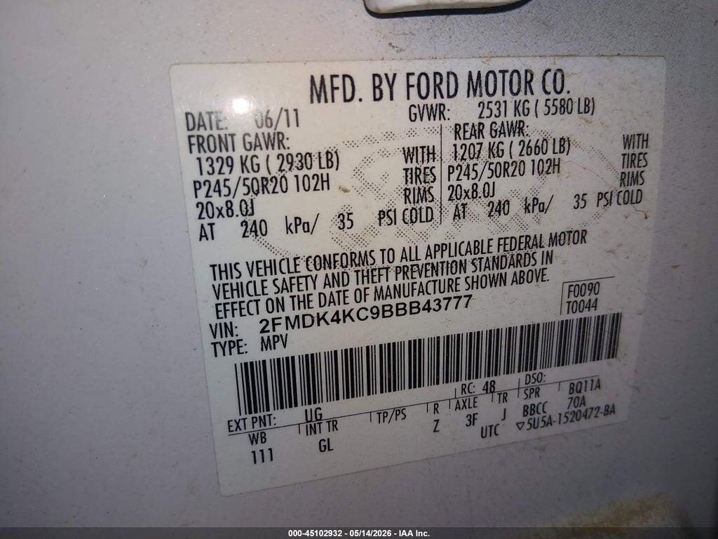 2FMDK4KC9BBB43777 2011 FORD EDGE photo no. 9