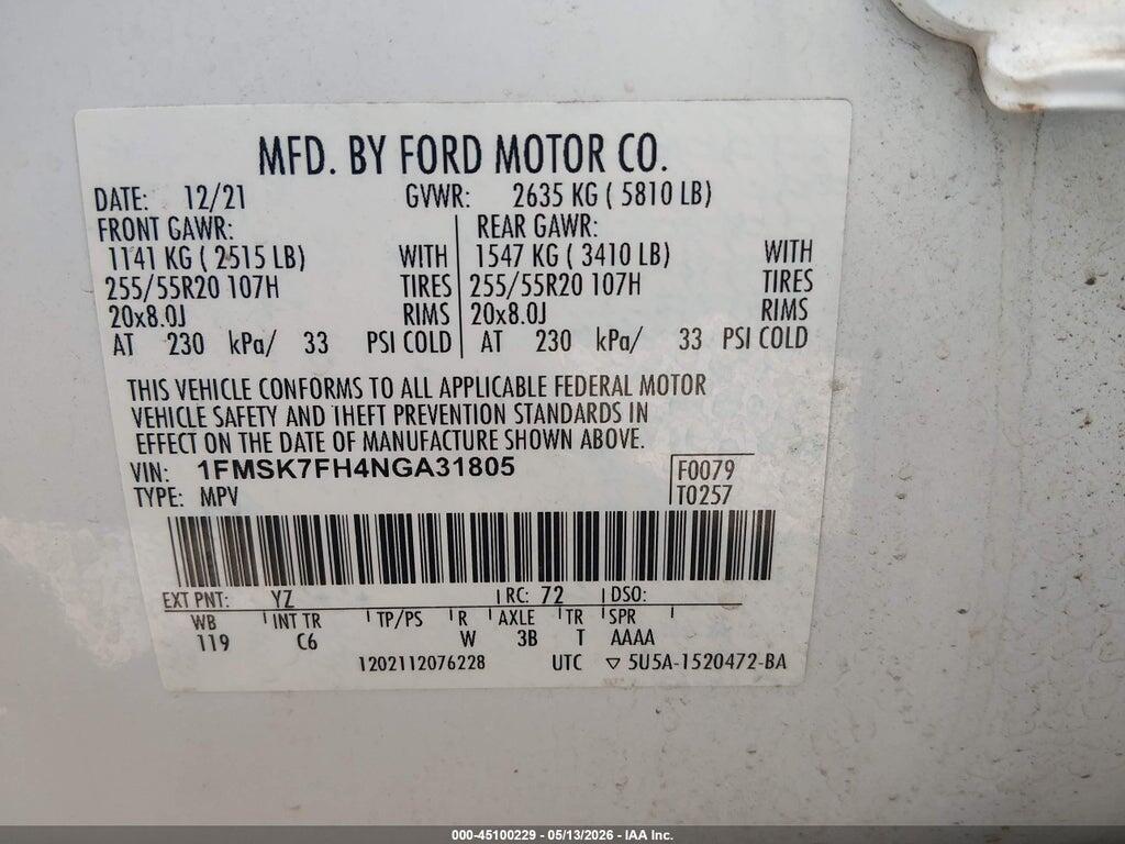 1FMSK7FH4NGA31805 2022 FORD EXPLORER photo no. 9