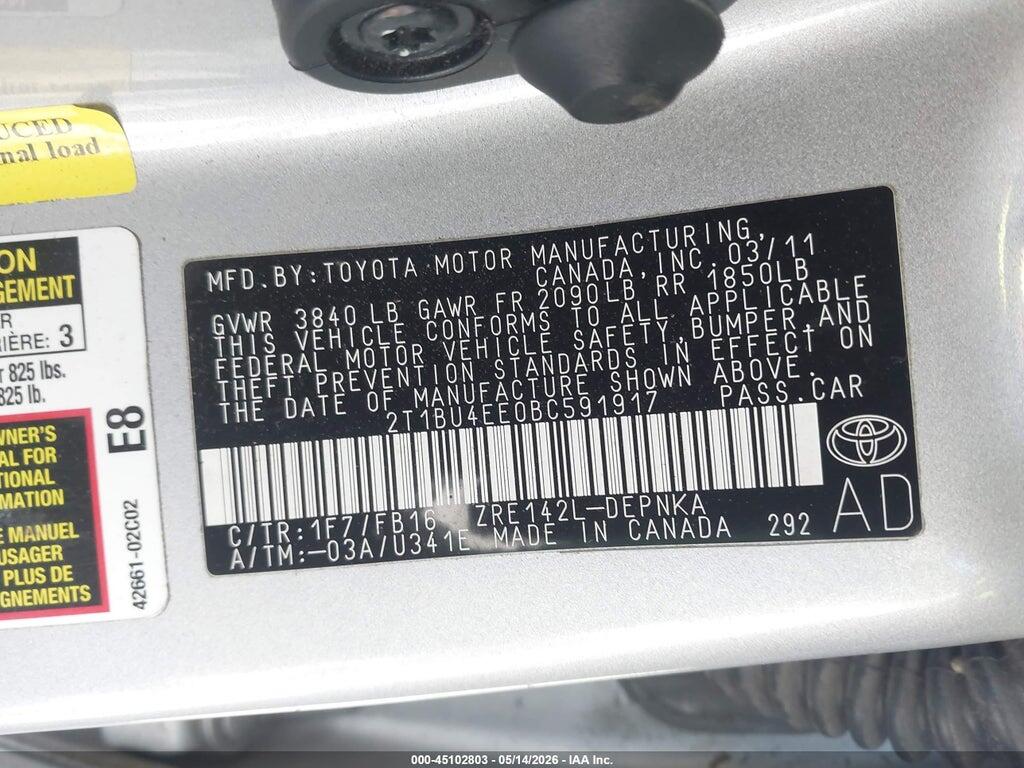 2T1BU4EE0BC591917 2011 TOYOTA COROLLA photo no. 9
