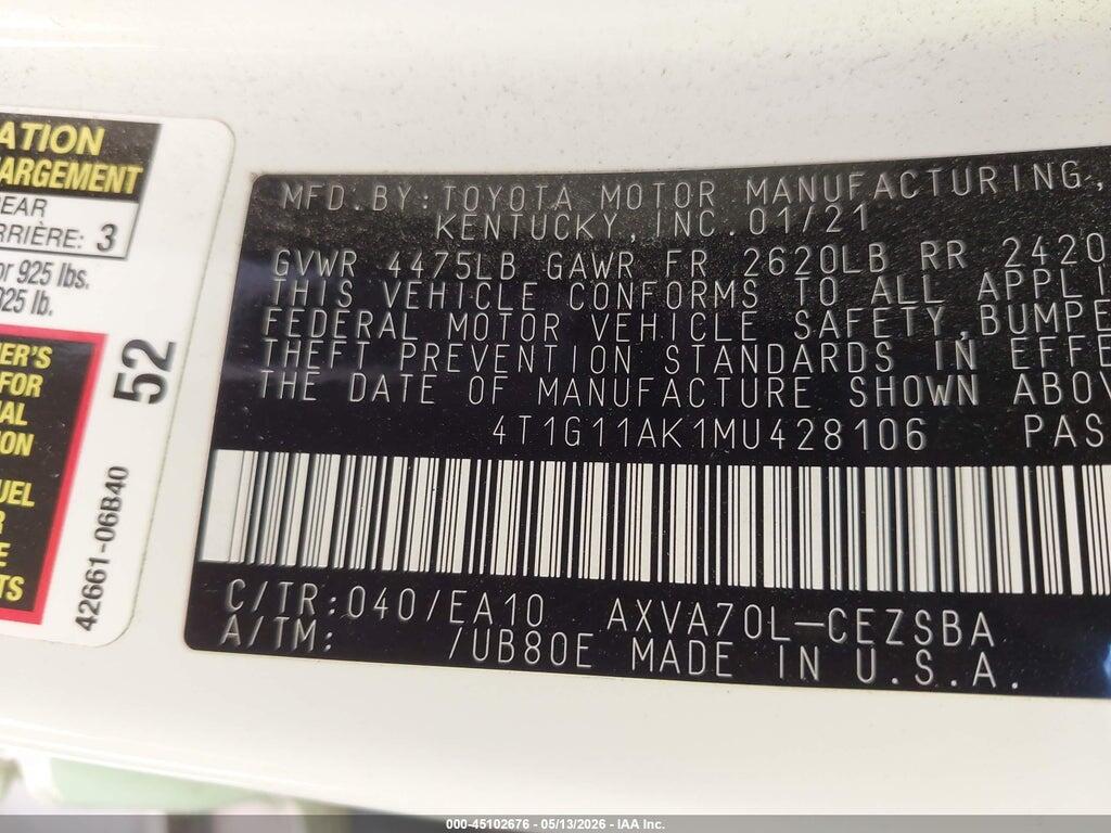 4T1G11AK1MU428106 2021 TOYOTA CAMRY photo no. 9