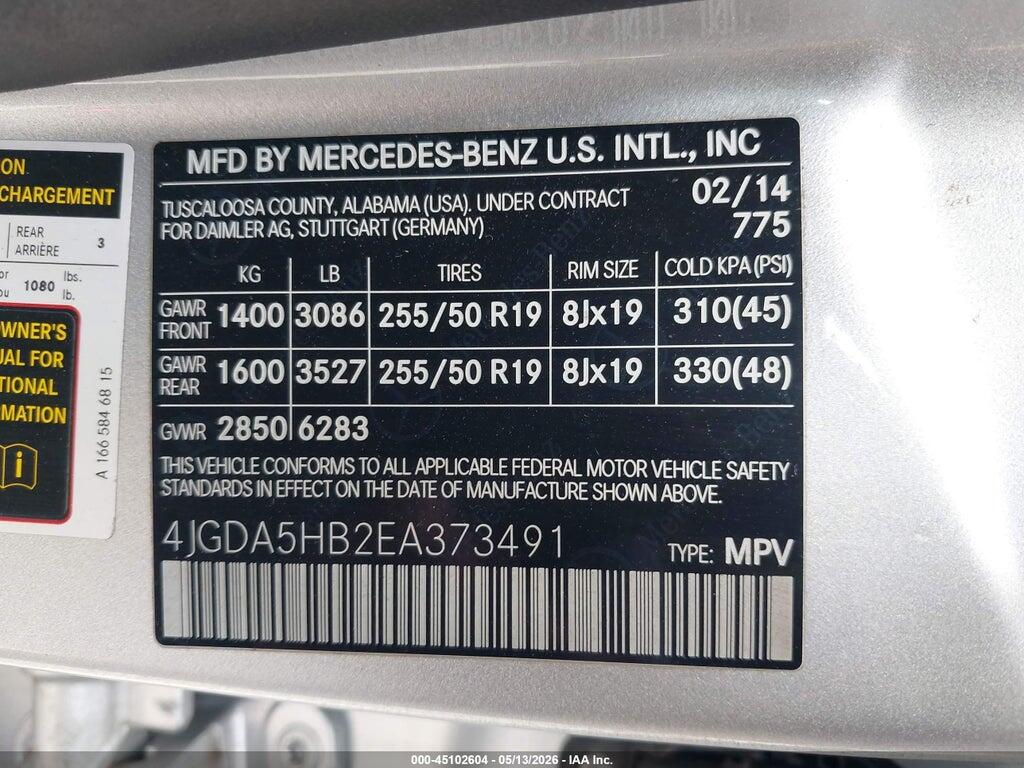 4JGDA5HB2EA373491 2014 MERCEDES-BENZ ML 350 photo no. 9