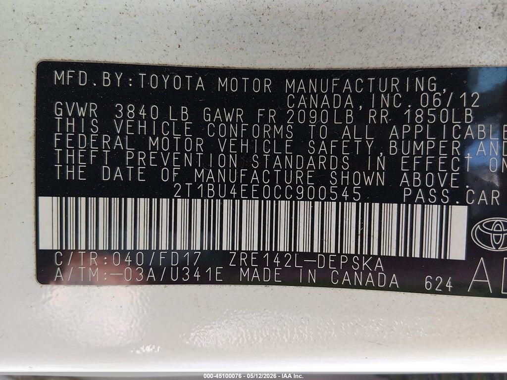 2T1BU4EE0CC900545 2012 TOYOTA COROLLA photo no. 9