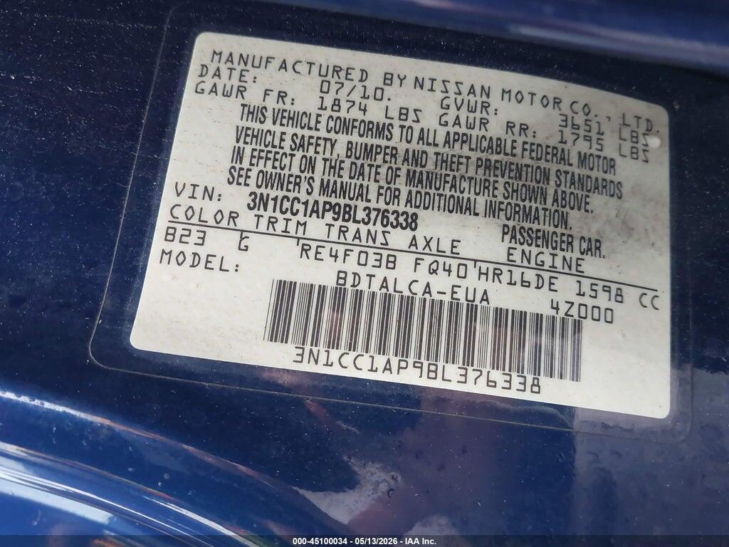 3N1CC1AP9BL376338 2011 NISSAN VERSA photo no. 9