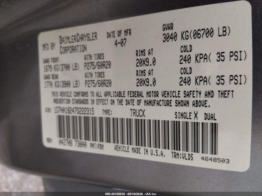 1D7HA18247S222315 2007 DODGE RAM 1500 photo no. 9