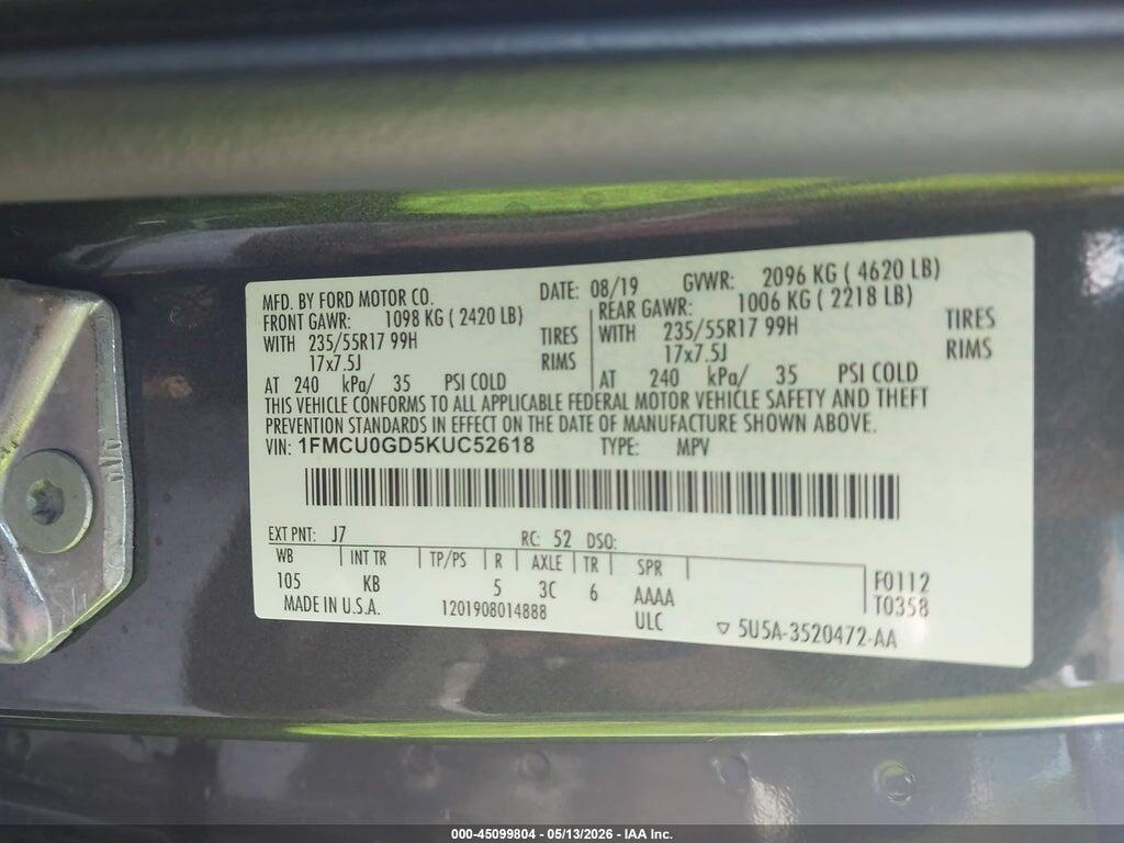 1FMCU0GD5KUC52618 2019 FORD ESCAPE photo no. 9