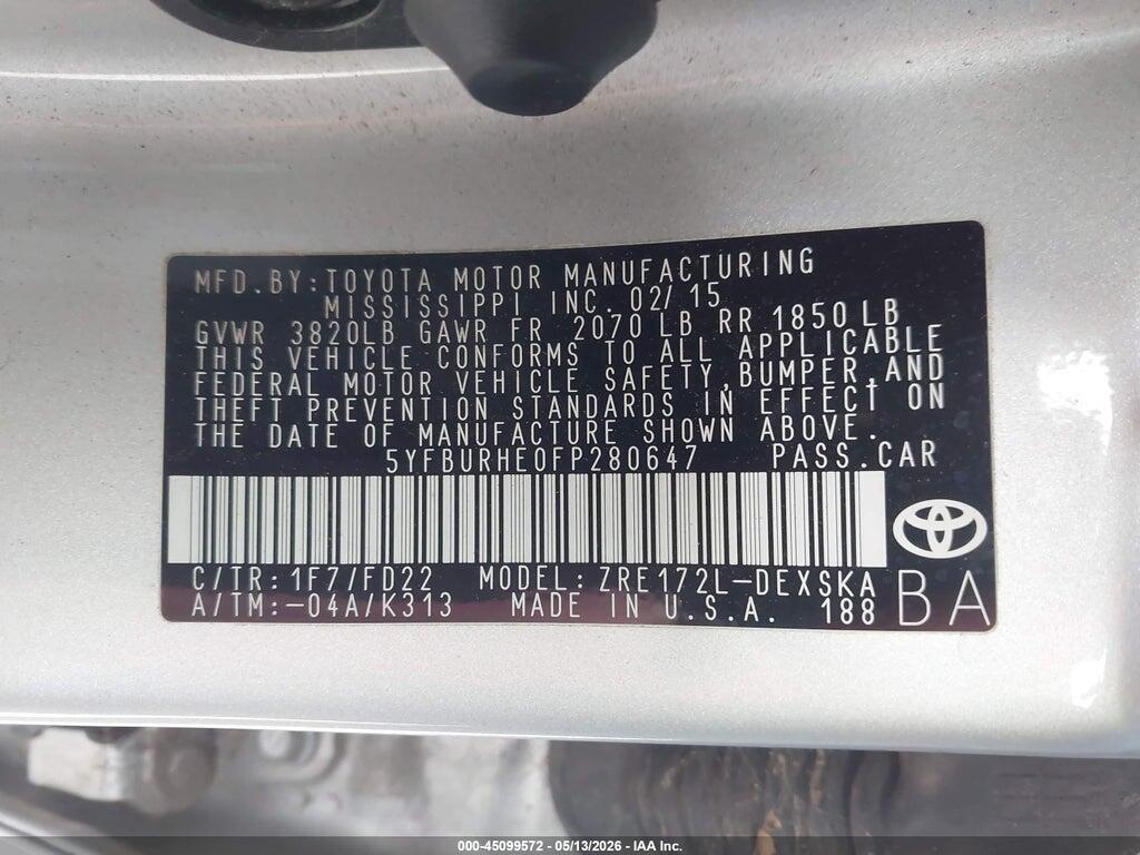5YFBURHE0FP280647 2015 TOYOTA COROLLA photo no. 9