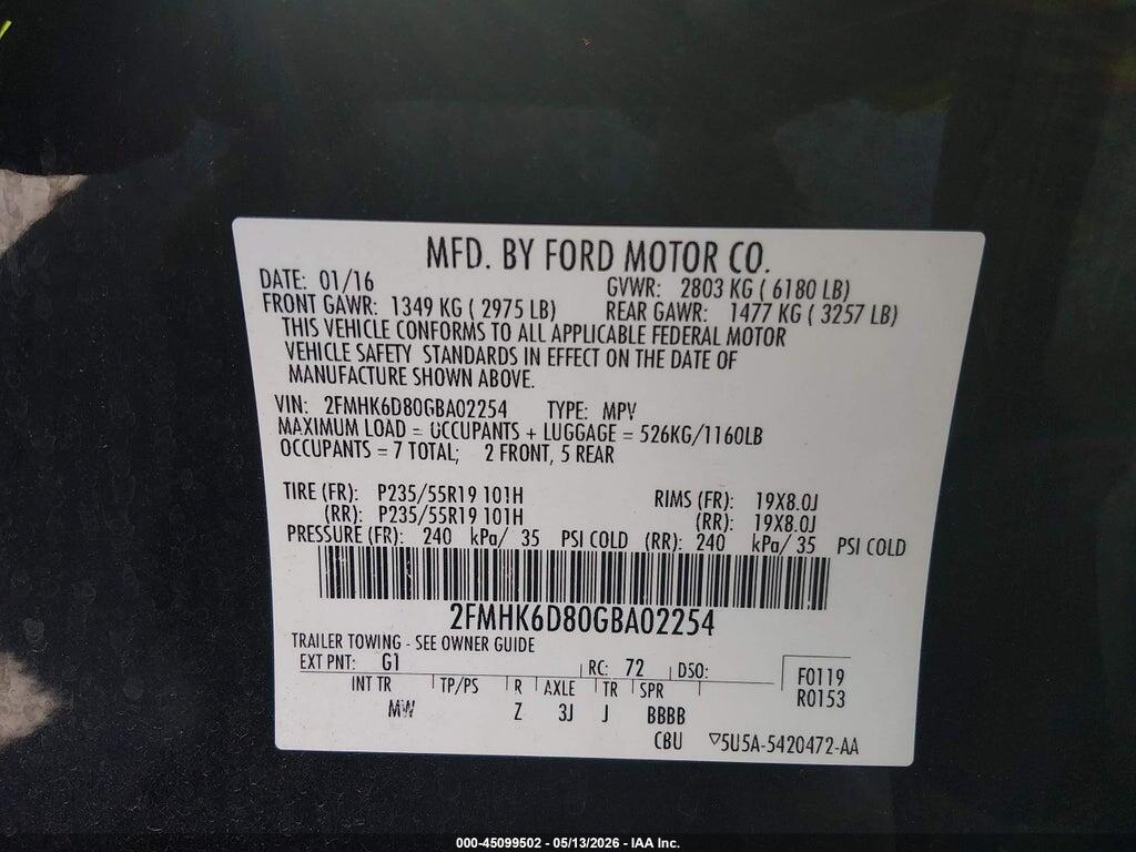 2FMHK6D80GBA02254 2016 FORD FLEX photo no. 9