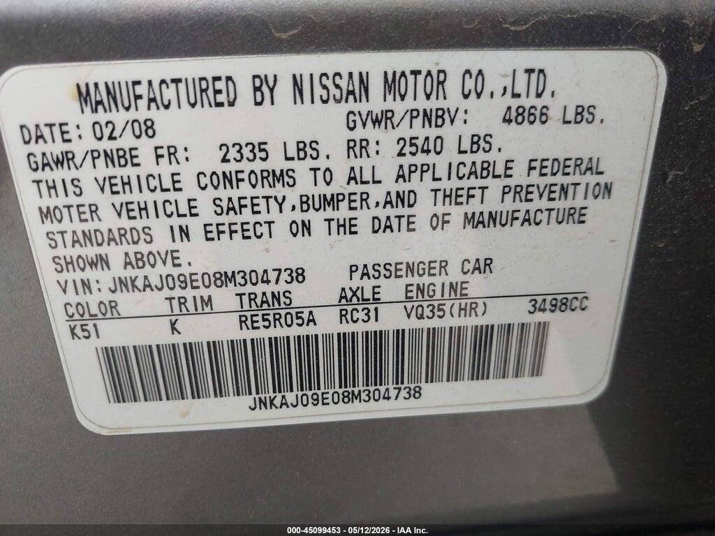 JNKAJ09E08M304738 2008 INFINITI EX35 photo no. 9