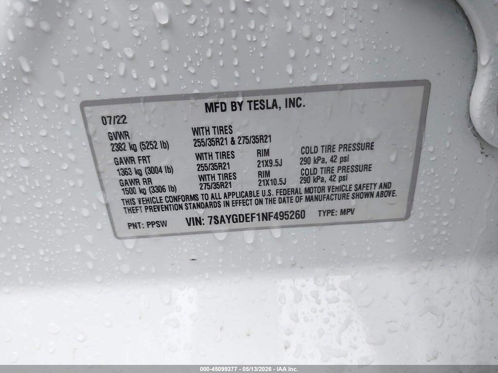 7SAYGDEF1NF495260 2022 TESLA MODEL Y photo no. 9