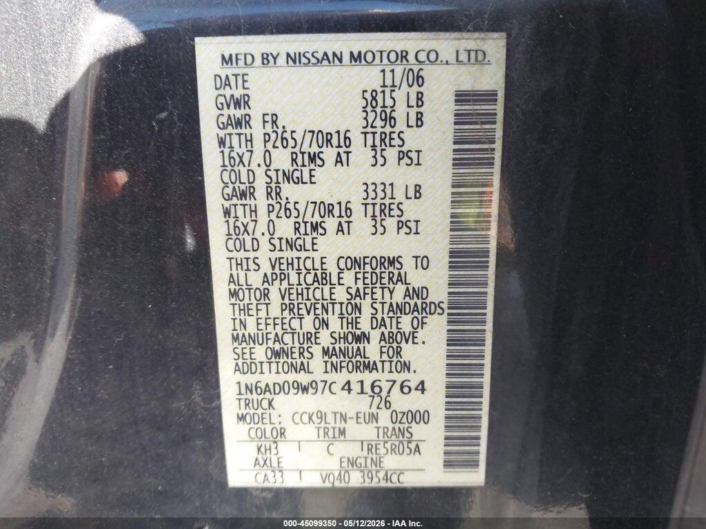 1N6AD09W97C416764 2007 NISSAN FRONTIER photo no. 9