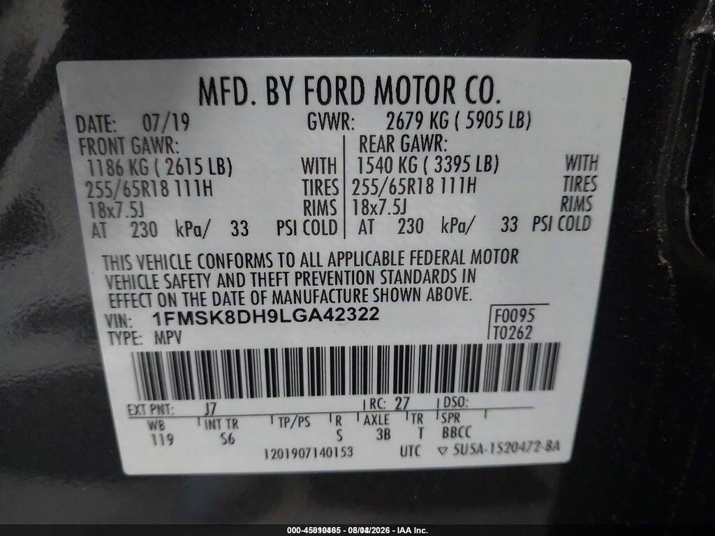 1FMSK8DH9LGA42322 2020 FORD EXPLORER photo no. 9