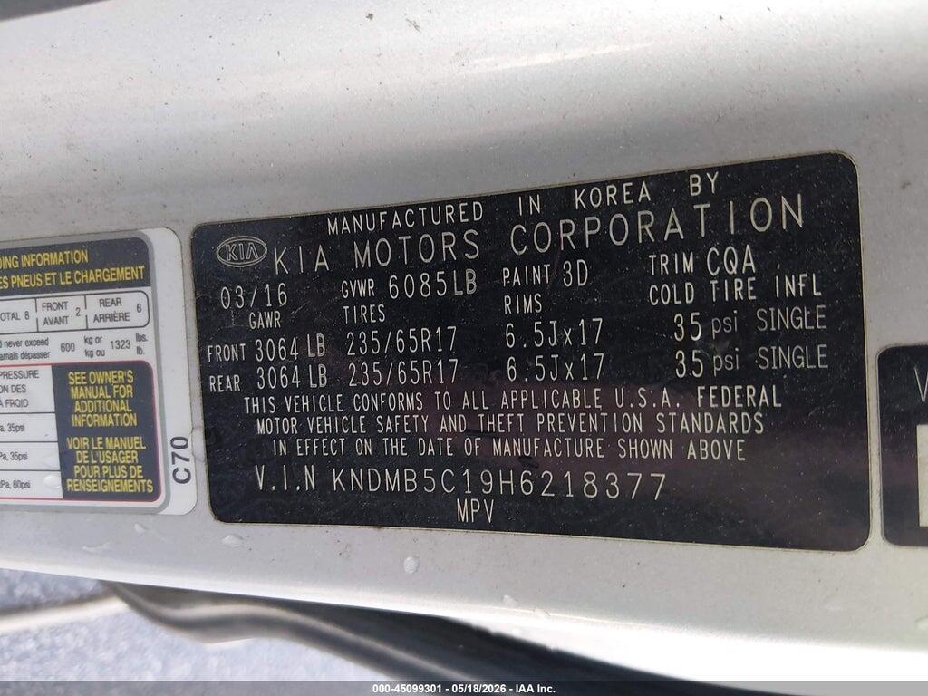 KNDMB5C19H6218377 2017 KIA SEDONA photo no. 9