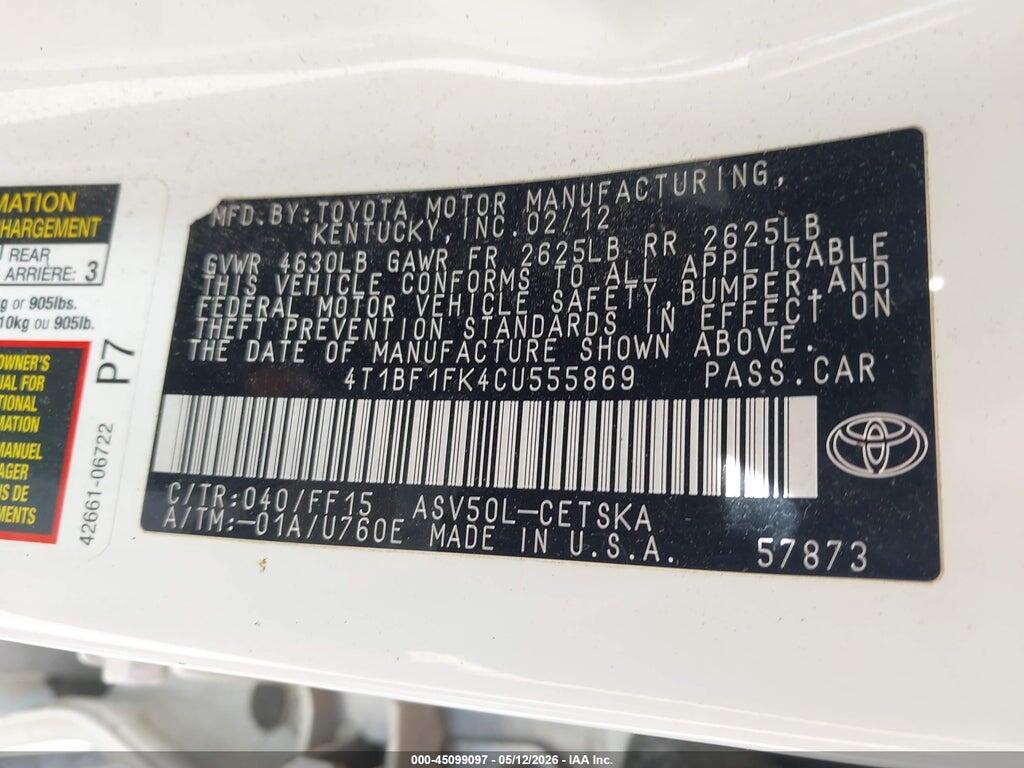 4T1BF1FK4CU555869 2012 TOYOTA CAMRY photo no. 9