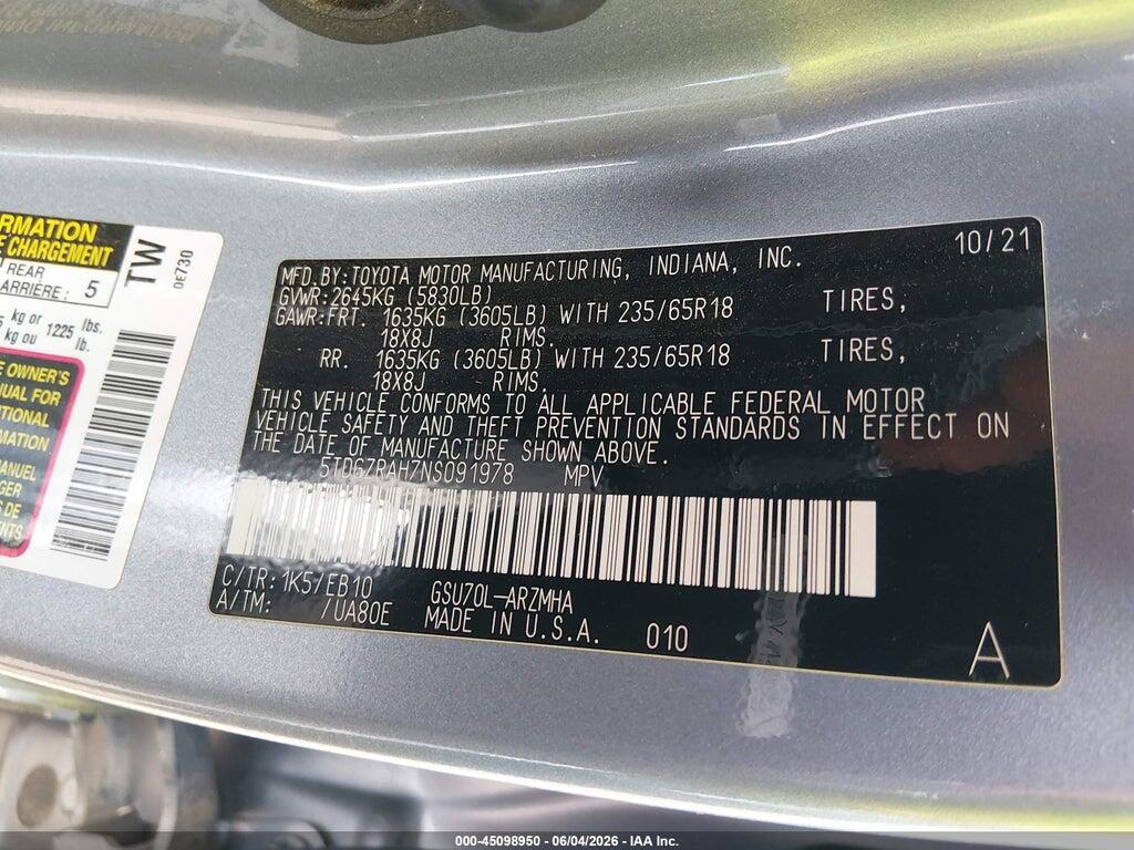 5TDGZRAH7NS091978 2022 TOYOTA HIGHLANDER photo no. 9