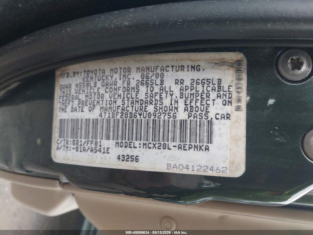 4T1BF28B6YU092756 2000 TOYOTA AVALON photo no. 9