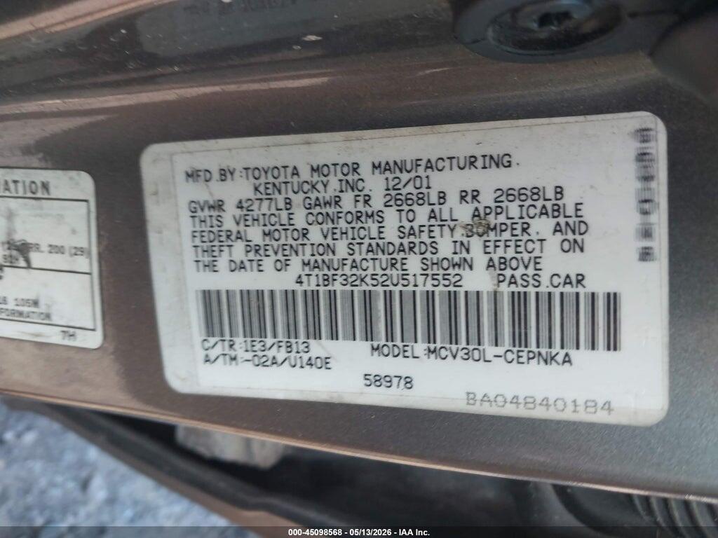 4T1BF32K52U517552 2002 TOYOTA CAMRY photo no. 9