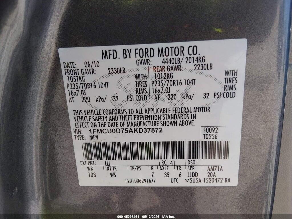 1FMCU0D75AKD37872 2010 FORD ESCAPE photo no. 9