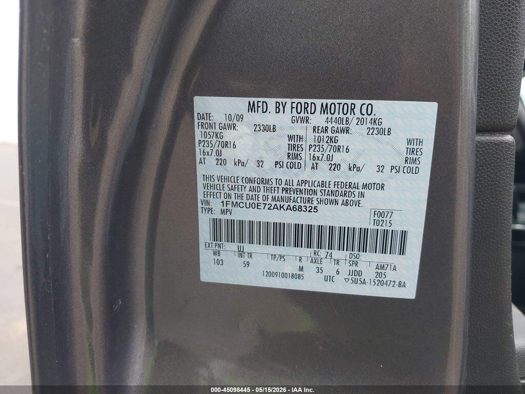 1FMCU0E72AKA68325 2010 FORD ESCAPE photo no. 9
