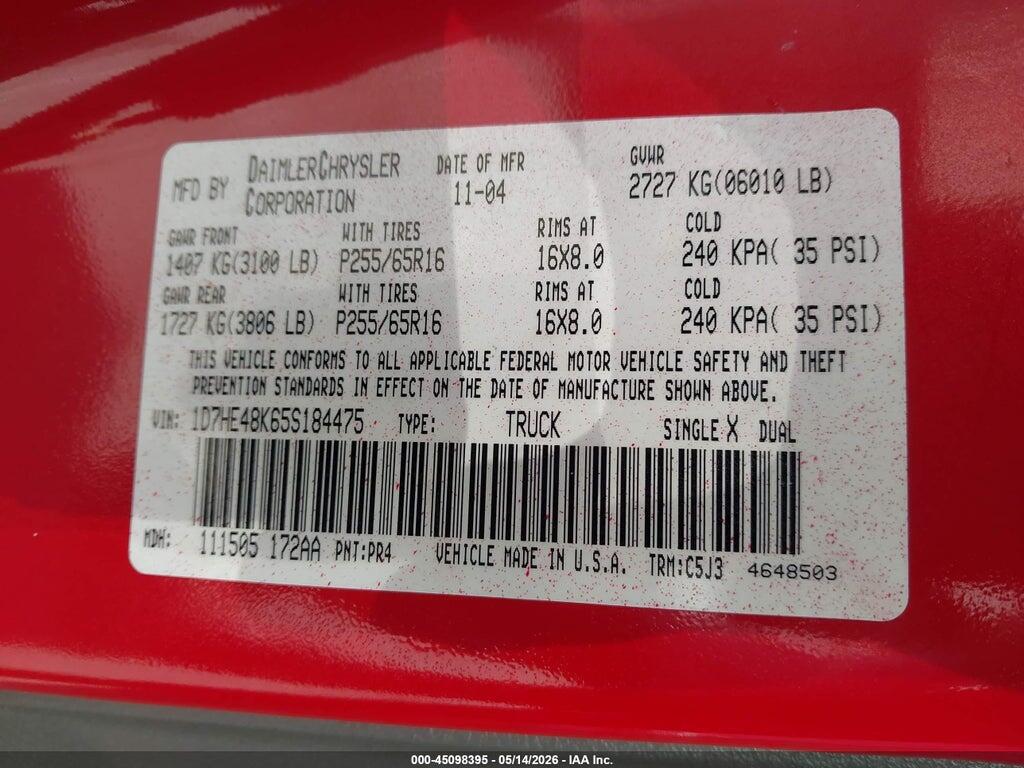 1D7HE48K65S184475 2005 DODGE DAKOTA photo no. 9
