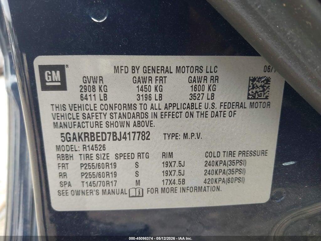5GAKRBED7BJ417782 2011 BUICK ENCLAVE photo no. 9