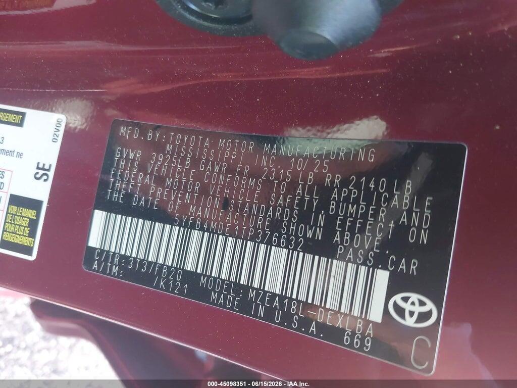 5YFB4MDE1TP376632 2026 TOYOTA COROLLA photo no. 9