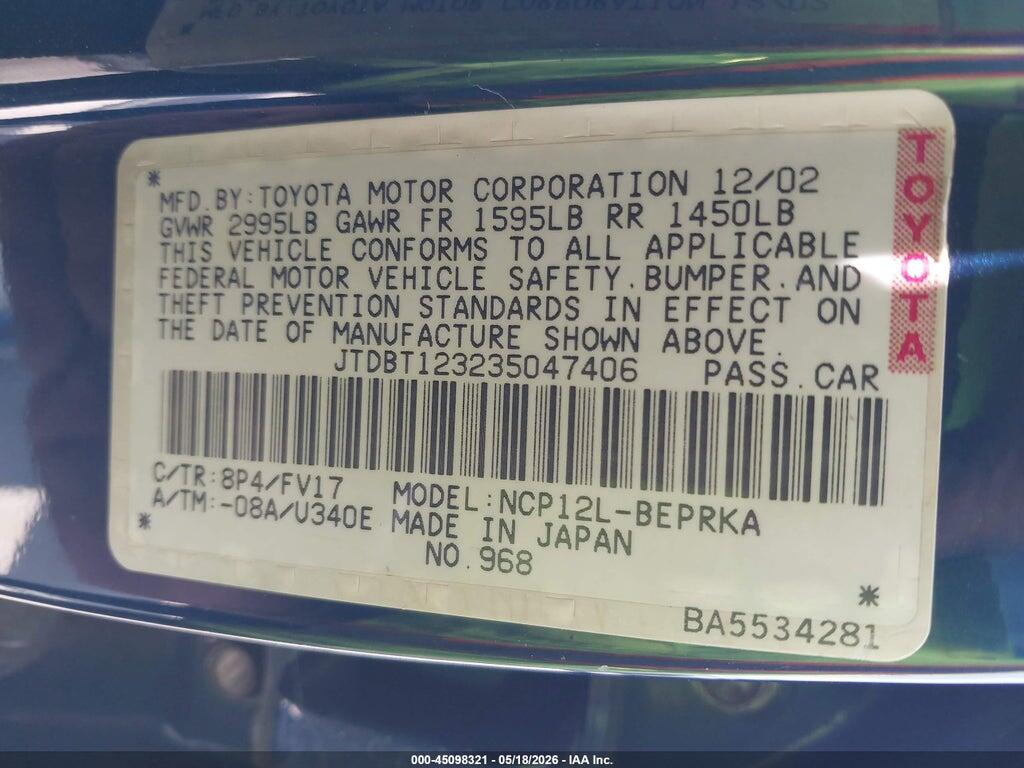 JTDBT123235047406 2003 TOYOTA ECHO photo no. 9