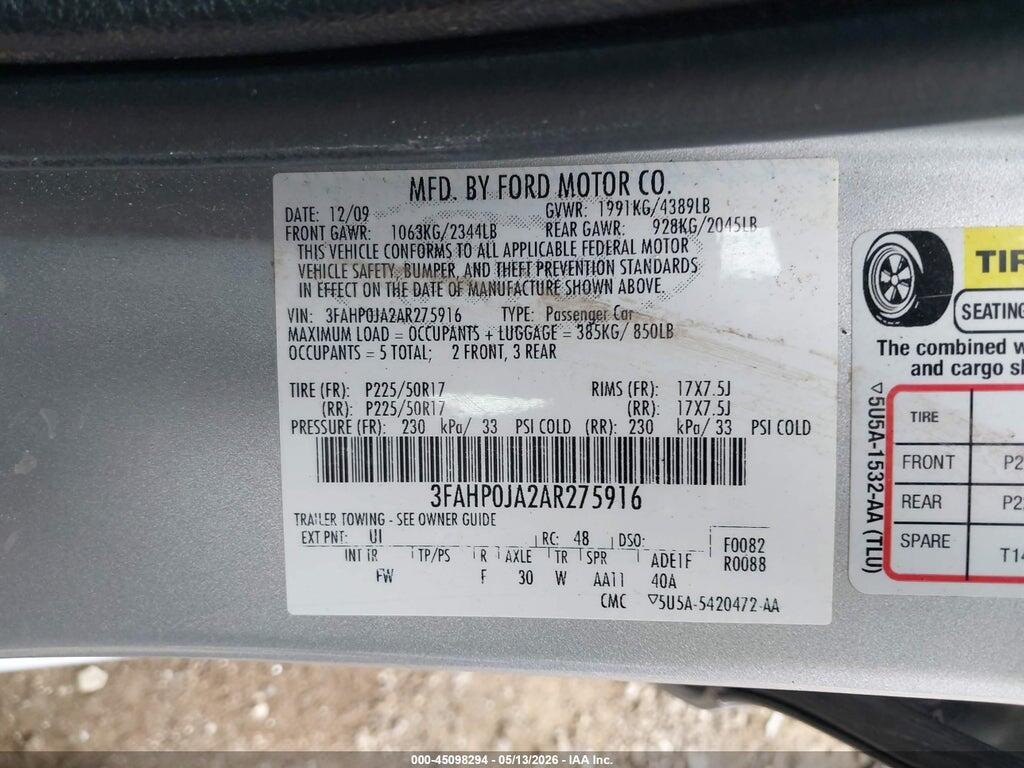 3FAHP0JA2AR275916 2010 FORD FUSION photo no. 9