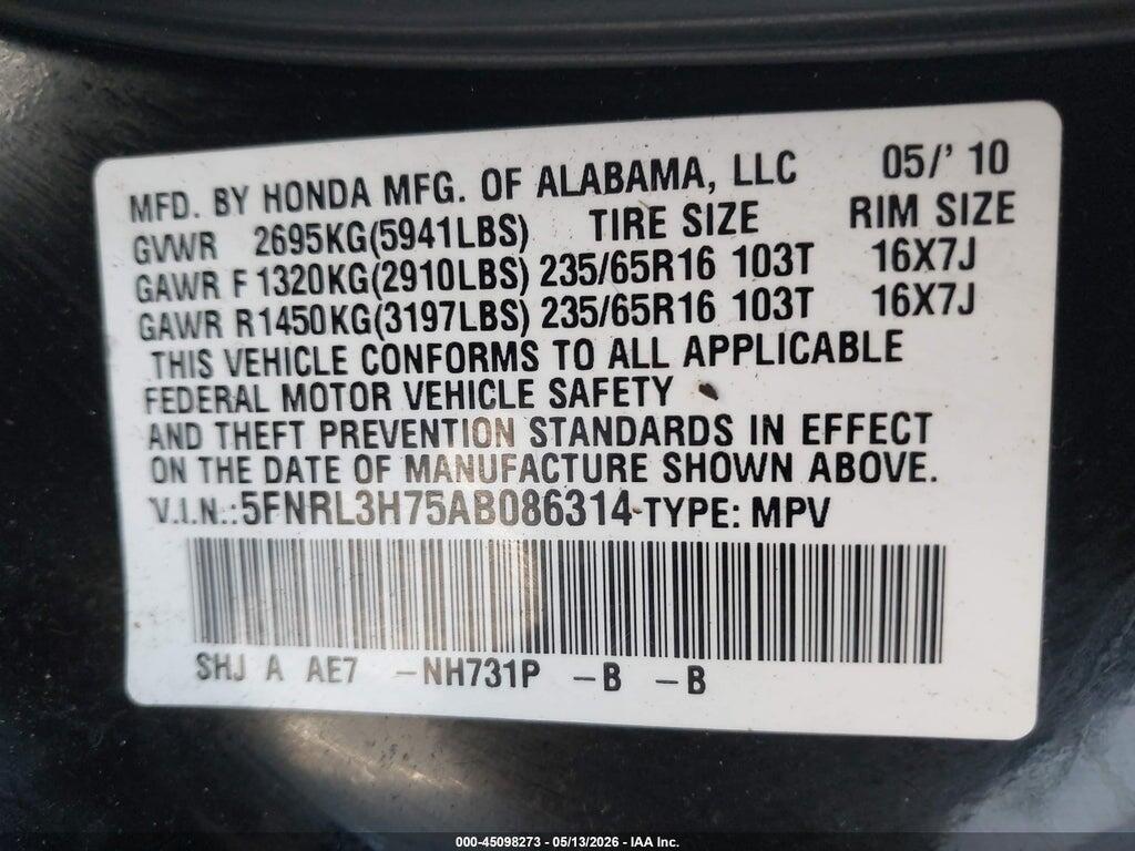 5FNRL3H75AB086314 2010 HONDA ODYSSEY photo no. 9
