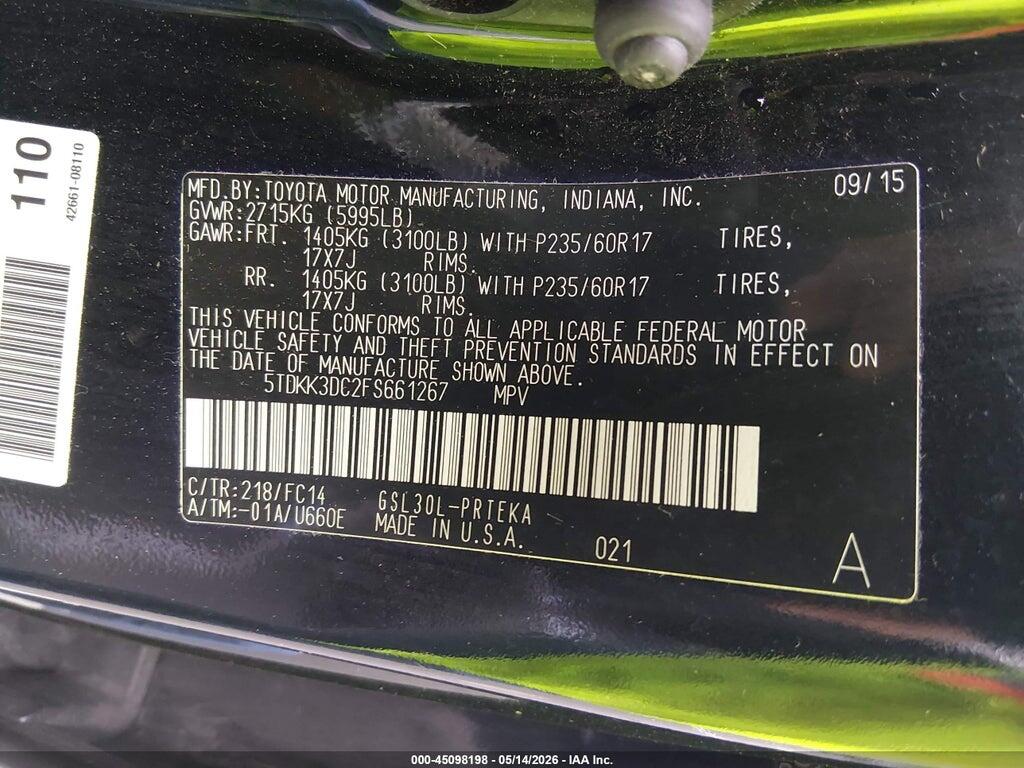 5TDKK3DC2FS661267 2015 TOYOTA SIENNA photo no. 9