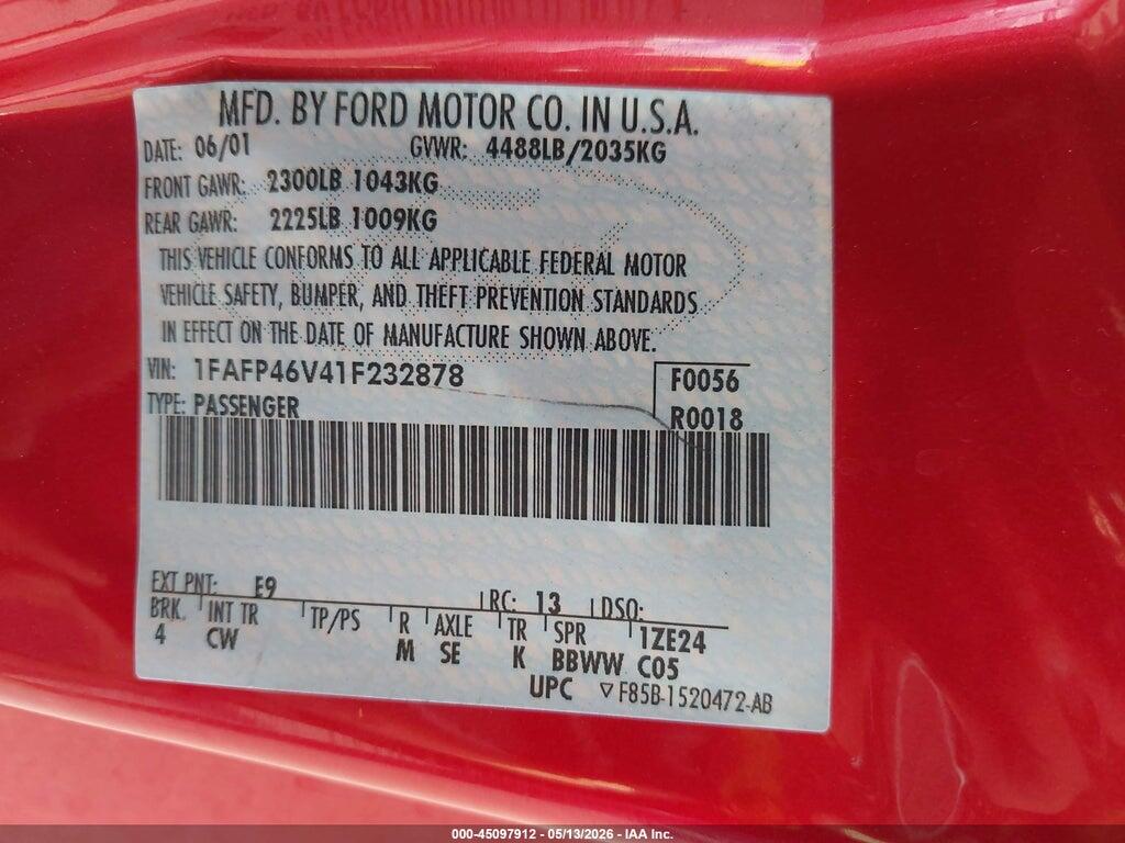 1FAFP46V41F232878 2001 FORD MUSTANG photo no. 9