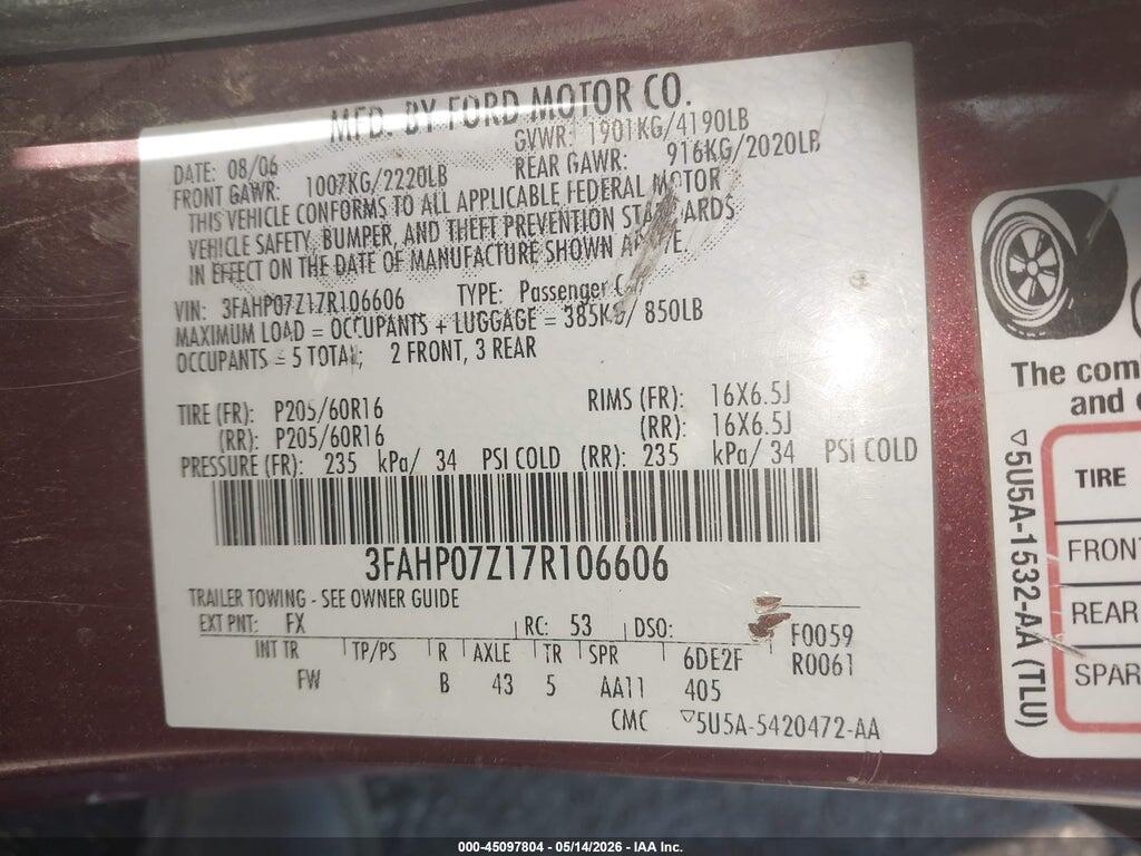 3FAHP07Z17R106606 2007 FORD FUSION photo no. 9