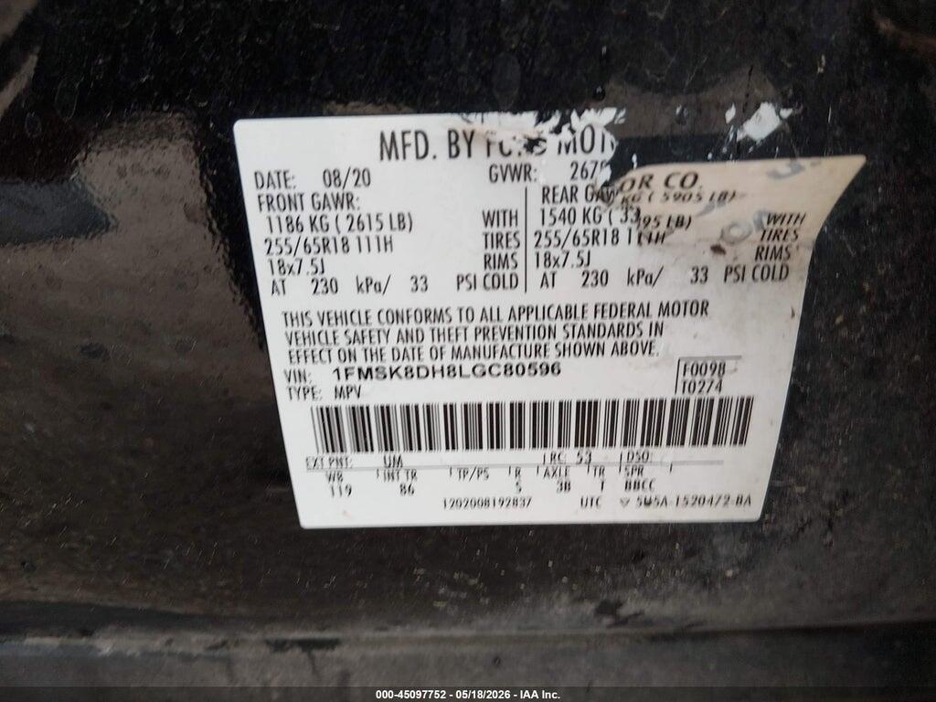 1FMSK8DH8LGC80596 2020 FORD EXPLORER photo no. 9