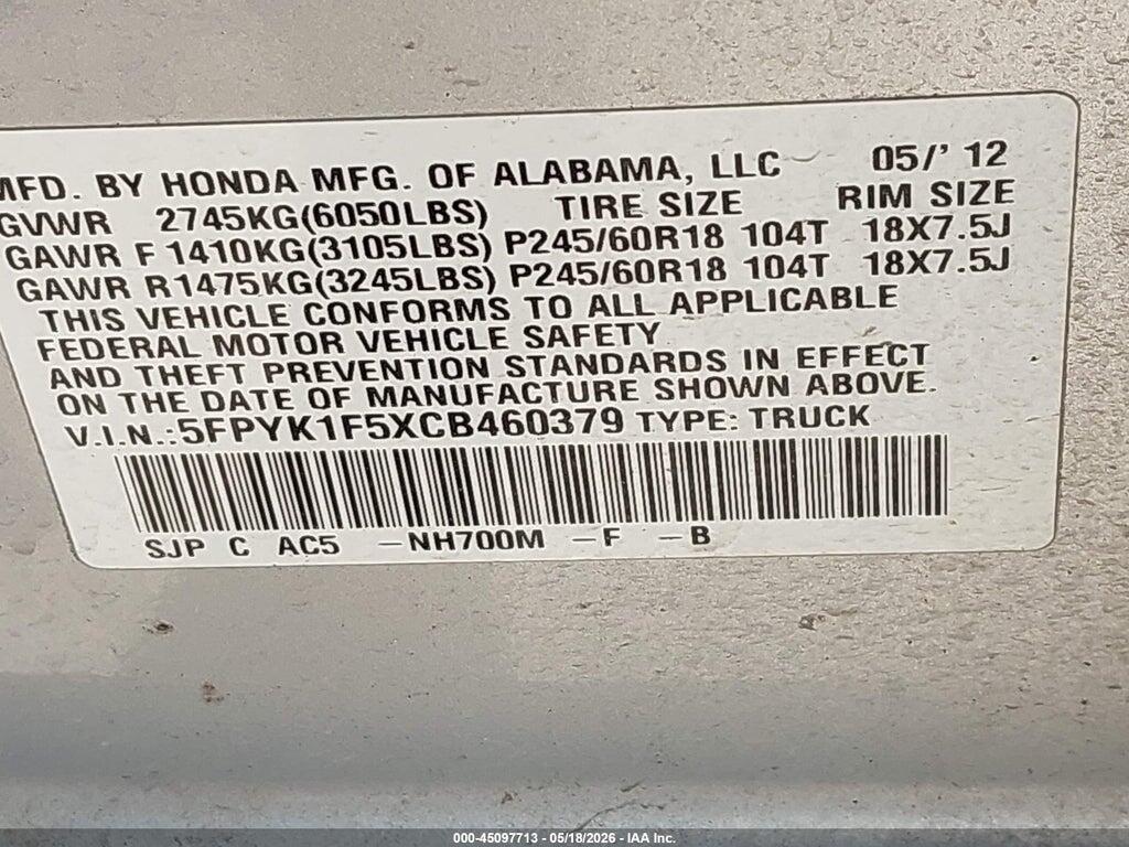 5FPYK1F5XCB460379 2012 HONDA RIDGELINE photo no. 9