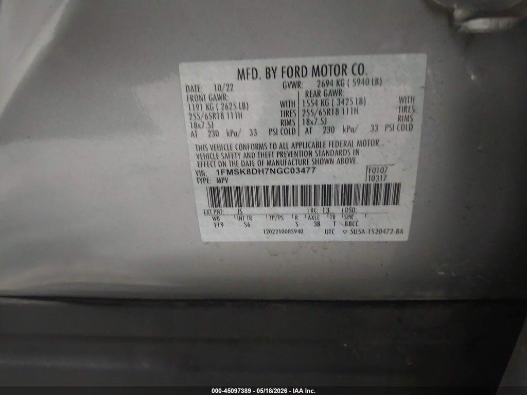1FMSK8DH7NGC03477 2022 FORD EXPLORER photo no. 9