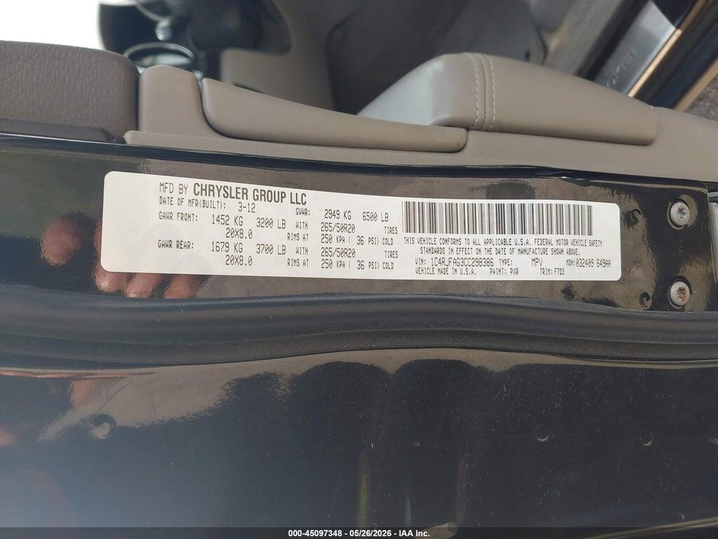 1C4RJFAG3CC298386 2012 JEEP GRAND CHEROKEE photo no. 9