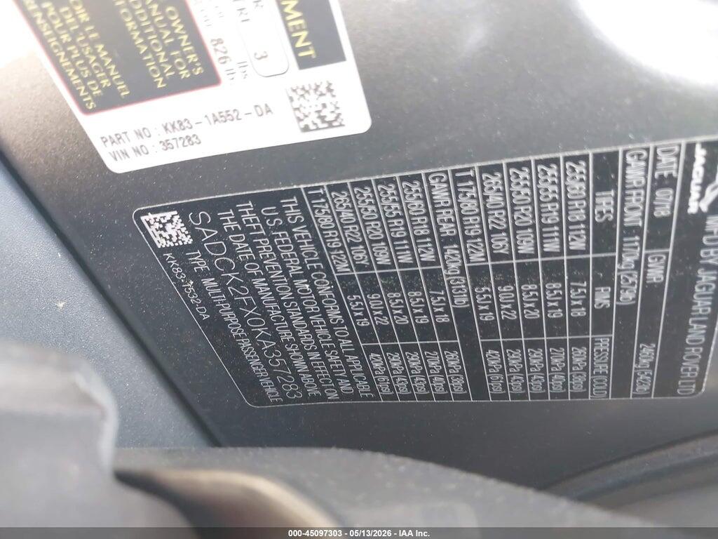 SADCK2FX0KA357283 2019 JAGUAR F-PACE photo no. 9