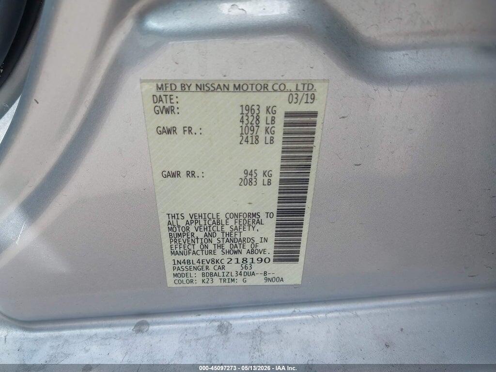 1N4BL4EV8KC218190 2019 NISSAN ALTIMA photo no. 9