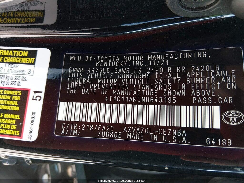 4T1C11AK5NU643195 2022 TOYOTA CAMRY photo no. 9