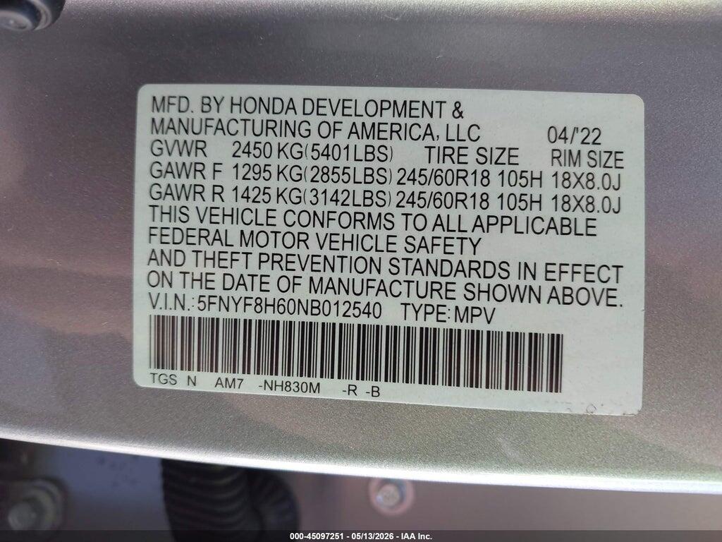 5FNYF8H60NB012540 2022 HONDA PASSPORT photo no. 9