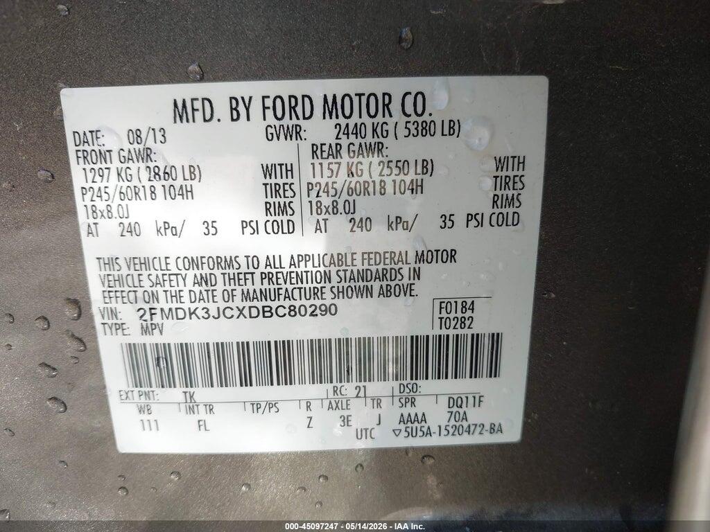 2FMDK3JCXDBC80290 2013 FORD EDGE photo no. 9