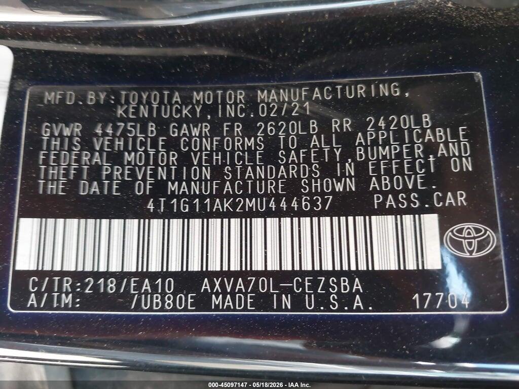 4T1G11AK2MU444637 2021 TOYOTA CAMRY photo no. 9