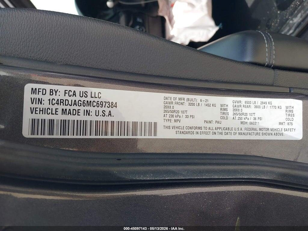1C4RDJAG6MC697384 2021 DODGE DURANGO photo no. 9