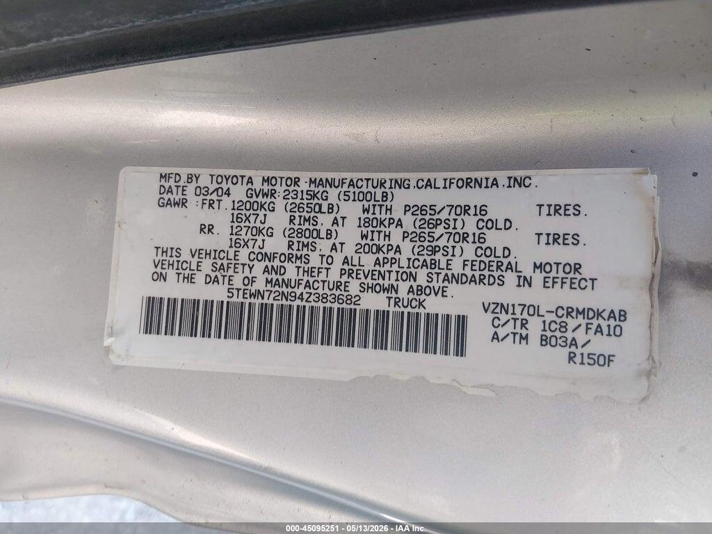 5TEWN72N94Z383682 2004 TOYOTA TACOMA photo no. 9