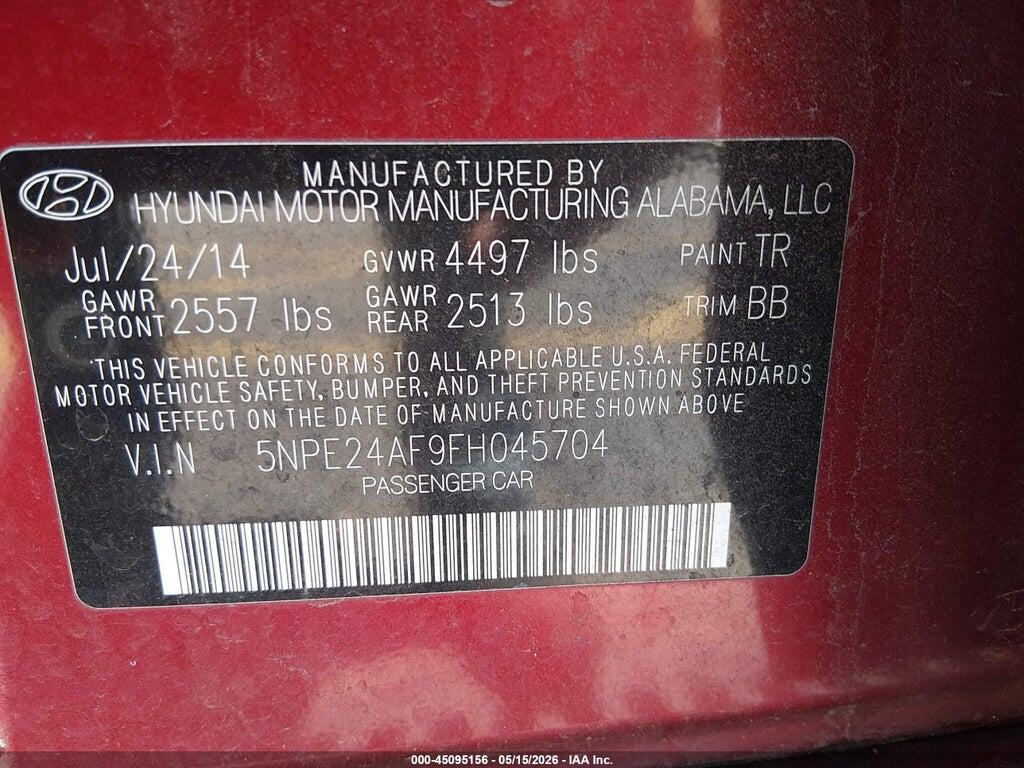 5NPE24AF9FH045704 2015 HYUNDAI SONATA photo no. 9