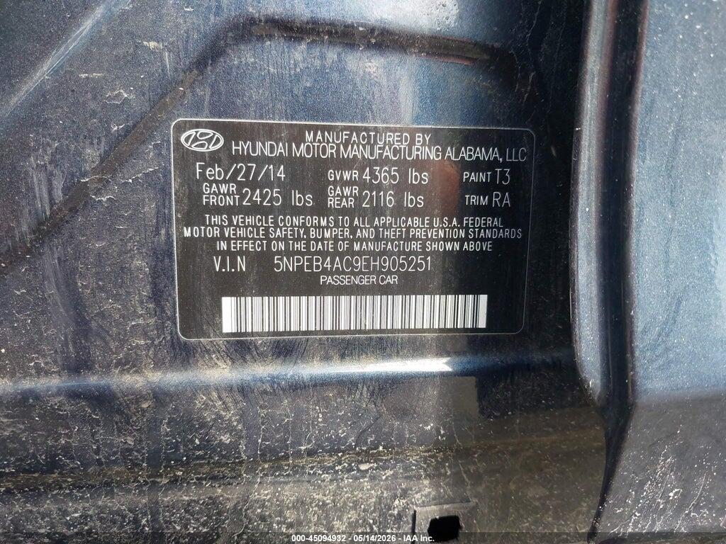 5NPEB4AC9EH905251 2014 HYUNDAI SONATA photo no. 9