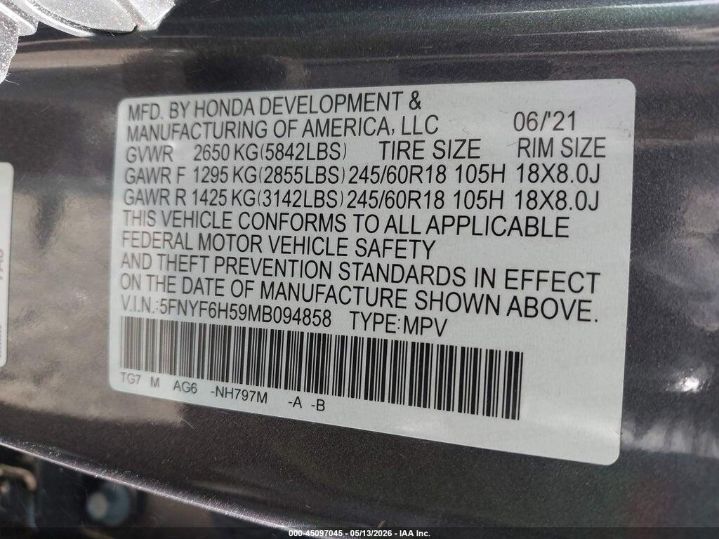 5FNYF6H59MB094858 2021 HONDA PILOT photo no. 9