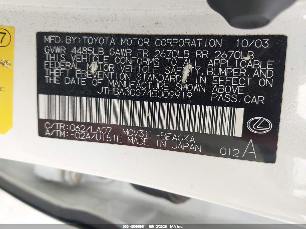 JTHBA30G745009919 2004 LEXUS ES 330 photo no. 9
